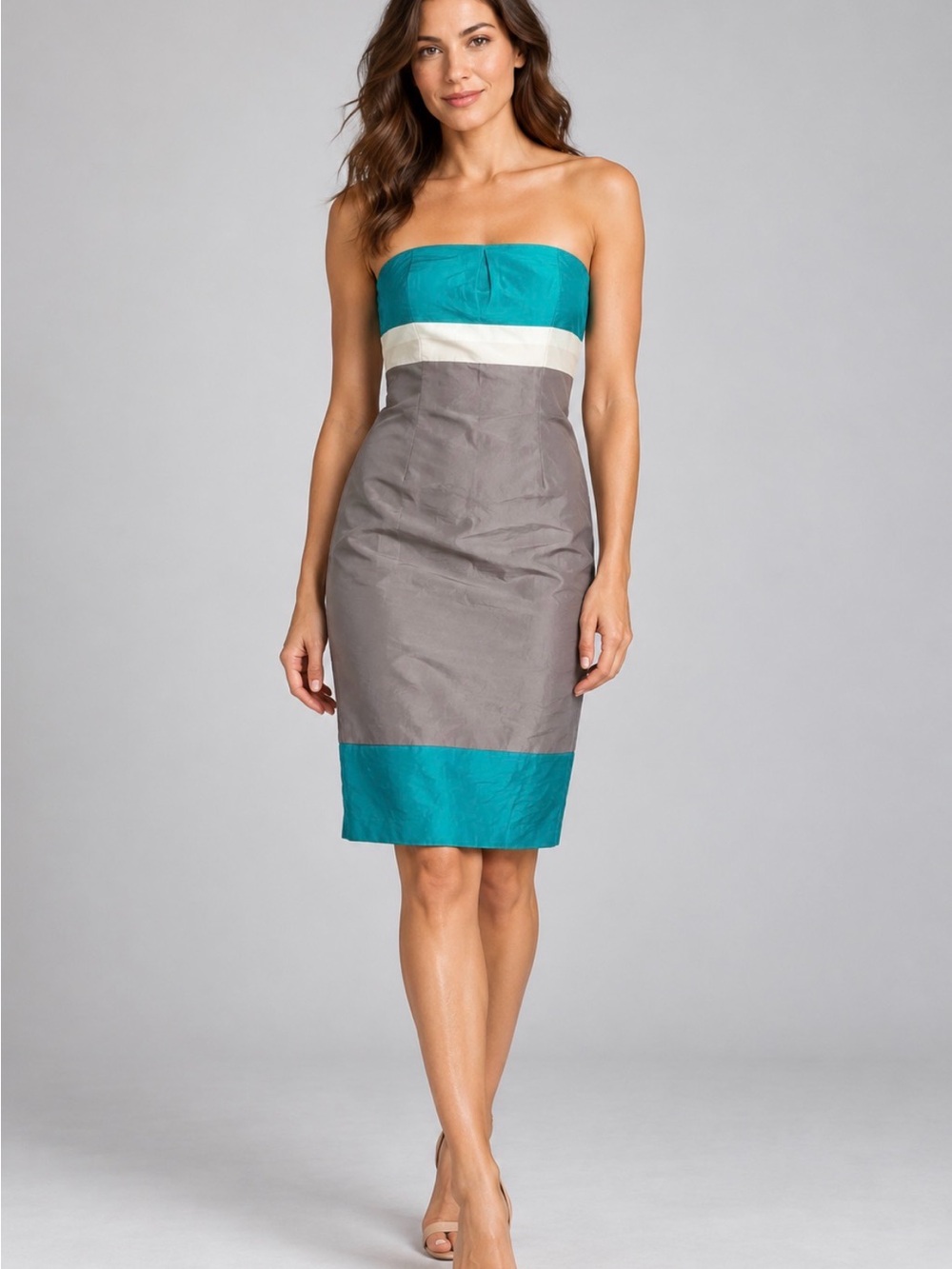 Reiss Strapless Teal, Gray & Cream Colorblock Sheath Dress